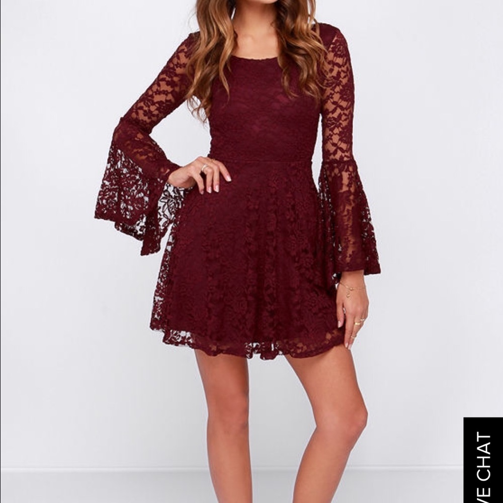 Lulu's Burgundy Elephant Long Sleeve Lace Dress